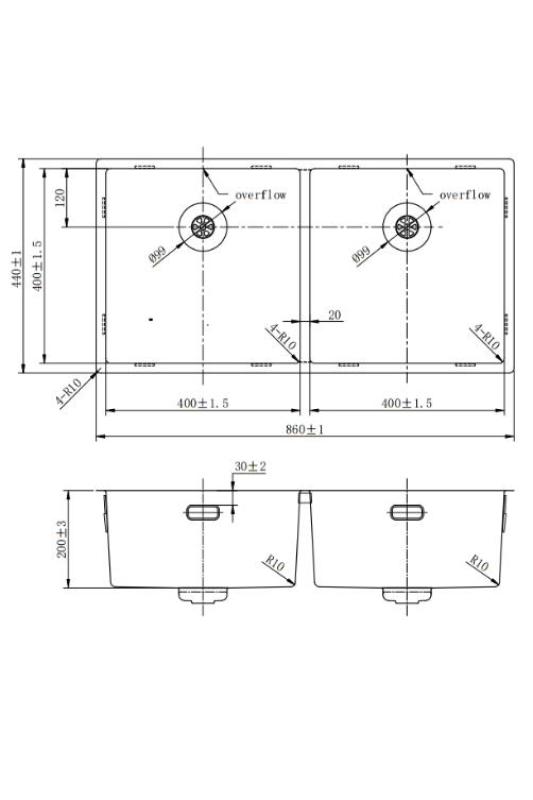 Pure.Sink Prestige Двойно неръждаемо стоманено мивка 82x40 см, с радиус 10мм за вграждане, нивелиране и монтаж PPG404040-02