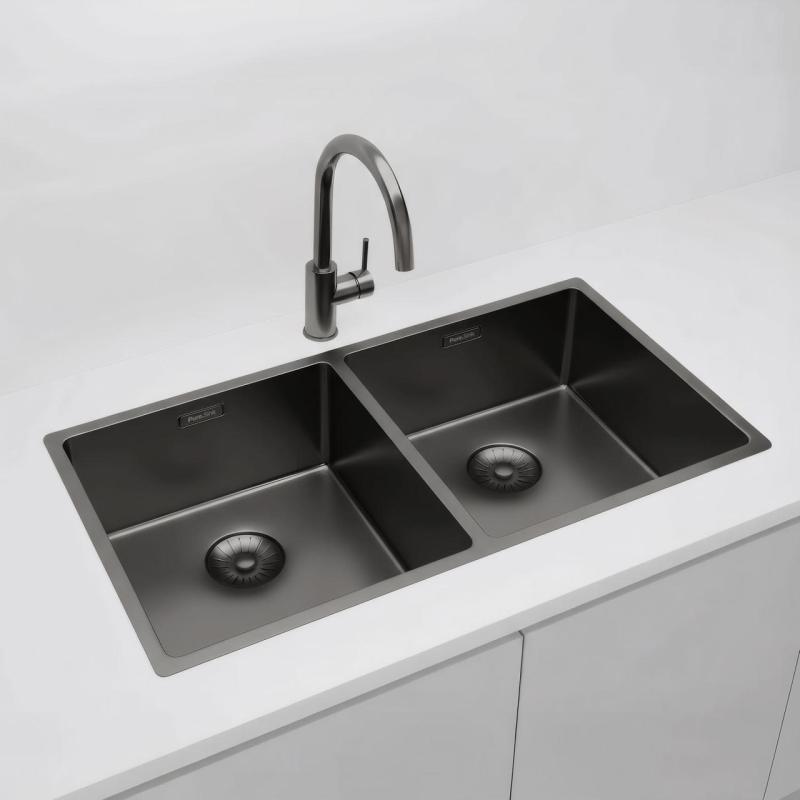 Pure.Sink Prestige Двойна мивка от оръжеен метал 82x40 см радиус 10мм за вграждане, равномерно построена и направена PPG404040-61