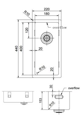 Pure.Sink Exclusivo малко медно мивка 18x40 см радиус 10мм за вграждане, плоско вграждане и надстройка PEX1840-62