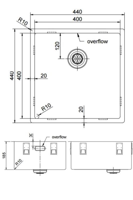 Pure.Sink Exclusivo RVS мивка 40x40 см 10мм радиус за вграждане, плоско монтиране и горно монтиране PEX4040-02