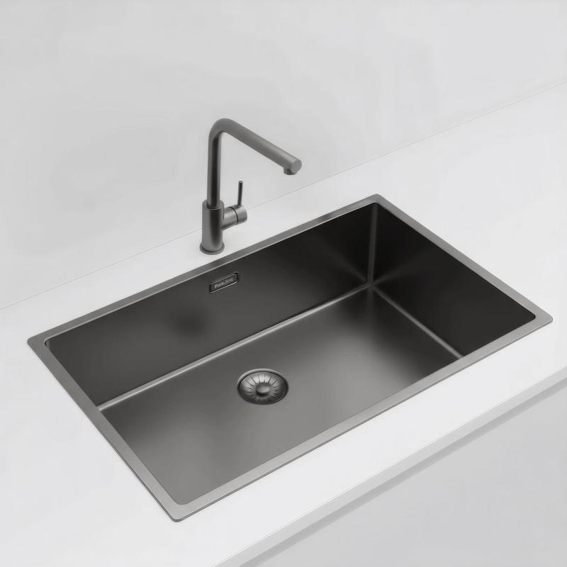 Pure.Sink Exclusivo голям Gun metal мивка 70x40 см 10mm радиус подграда, плоско вграждане и надстройка PEX7040-61