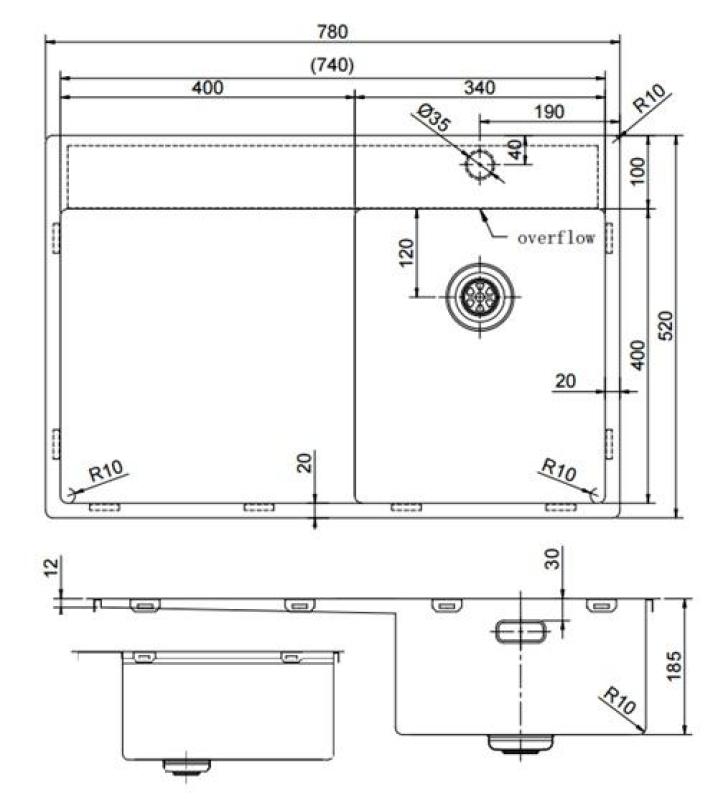 Pure.Sink Exclusivo RVS малко мивка със сушилня 78x52 см Tapwing вдясно PEX3478RT-02