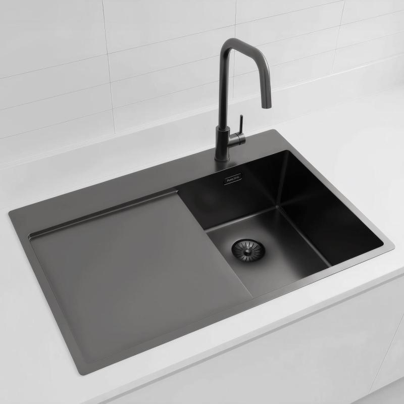 Pure.Sink Exclusivo Gun Metal малко мивка със секция за оттичане 78x52 см Tapwing в дясно PEX3478RT-61