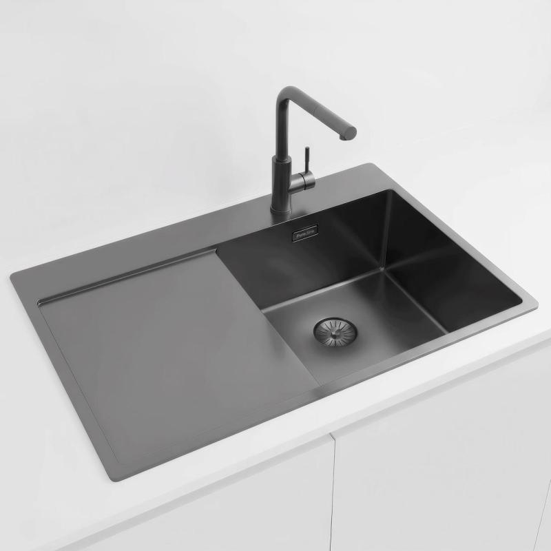 Pure.Sink Exclusivo Gun Metal мивка със сушилня 78x52 cm Tapwing вдясно PEX4078RT-61