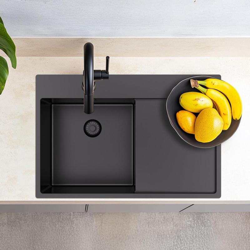 Pure.Sink Exclusivo Gun Metal мивка със сушилня 78x52 cm Tapwing вдясно PEX4078RT-61