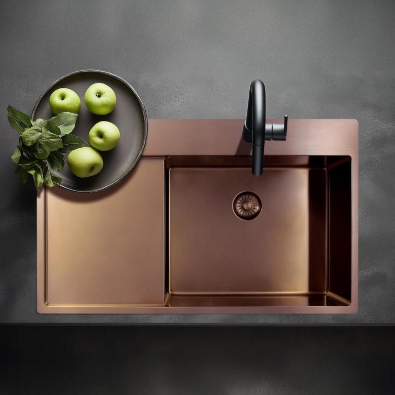 Pure.Sink Exclusivo Медено мивко със секция за отцеждане 86x52 см Tapwing вляво PEX5086LT-62