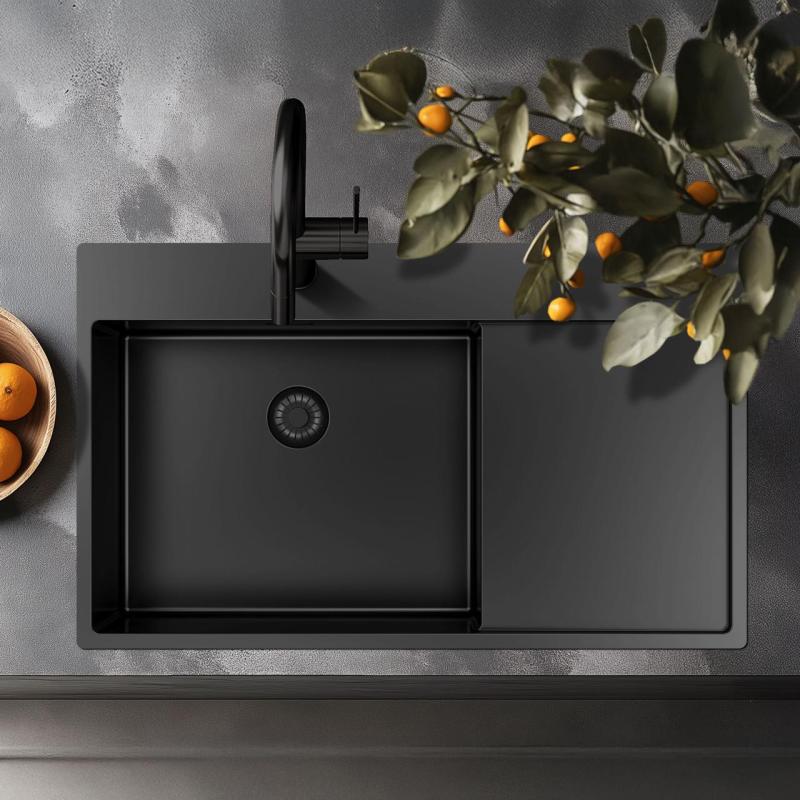 Pure.Sink Exclusivo Gun Metal мивка със секция за оттичане 86x52 cm Tapwing вдясно PEX5086RT-61