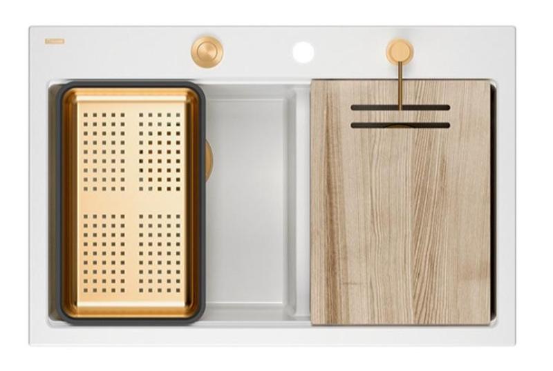 Квадратен Хард Рок двоен бял гранитен монтажен мивка 76 x 50 см с меден щепсел и аксесоари 1208971357