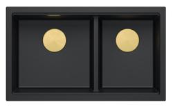 Quadri Newport II Двойна черна гранитна мивка за вграждане 76x45 см със златен щепсел 1208971366