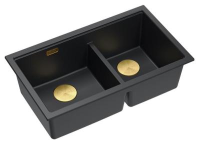 Quadri Newport II Двойна черна гранитна мивка за вграждане 76x45 см със златен щепсел 1208971366