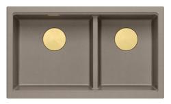Quadri Newport II Двоен Таупе Гранитен Смесител за мивка 76x45 см със златен щепсел 1208971367