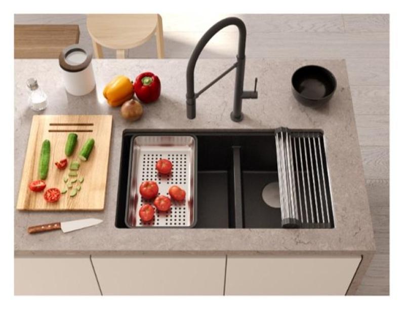 Quadri Newport II Двоен Антрацит Гранитен Вграден Мивка 702 x 390 мм с Меден щепсел 1208971374