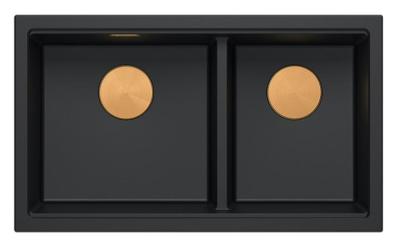 Quadri Newport II Двойна черна гранитна подплотна мивка 702 x 390 mm с меден щепсел 1208971376