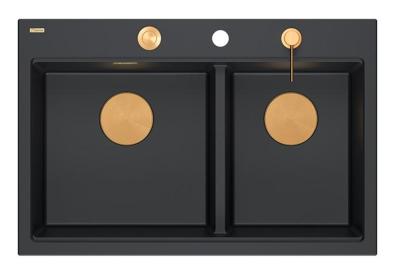 Куадри Хард Рок Двойна черна гранитна мивка за монтаж 76x50 см с меден щепсел и аксесоари 1208971390