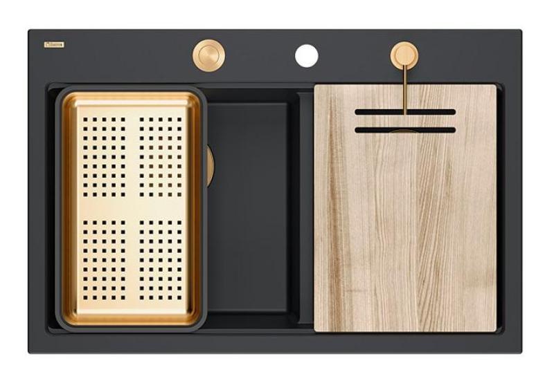 Куадри Хард Рок Двойна черна гранитна мивка за монтаж 76x50 см с меден щепсел и аксесоари 1208971390