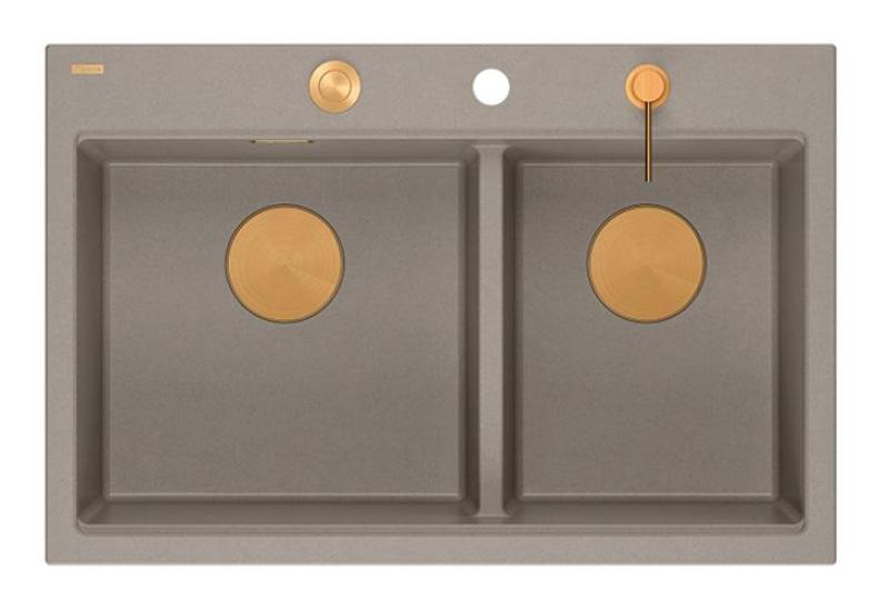 Quadri Hard Rock Двойно Taupe Гранитно възложен мивка 76x50 см с меден щепсел и аксесоари 1208971391