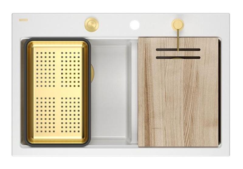 Quadri Hard Rock Двойно бял гранитен монтажен мивка 76x50 см със златен щепсел и аксесоари 1208971392