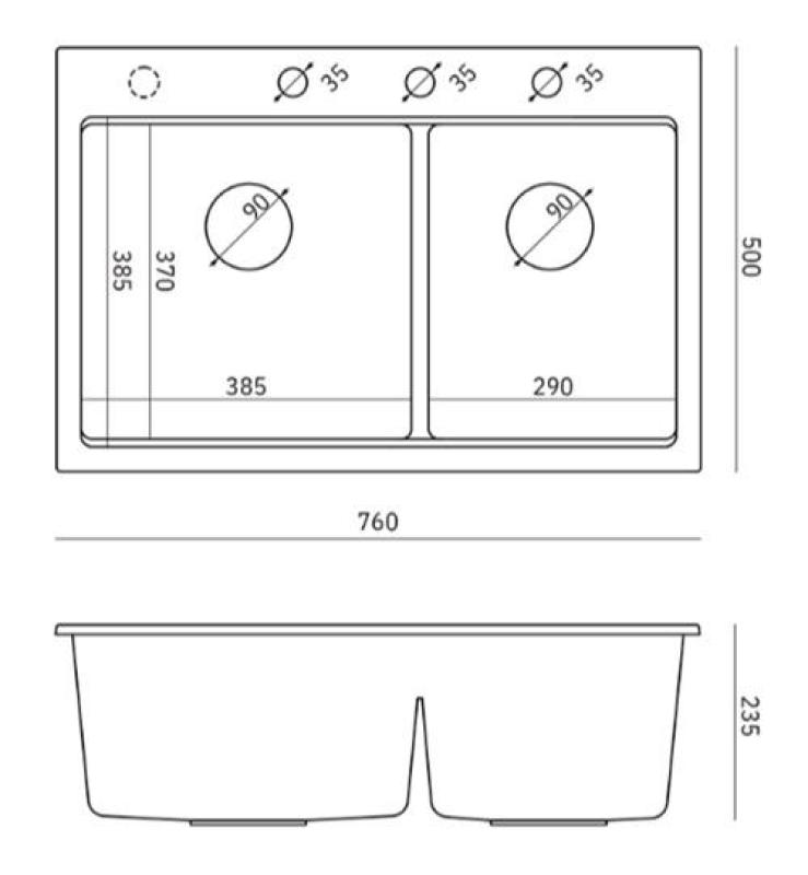 Квадри Хард Рок Двойна сива гранитна мивка за повърхностен монтаж 76x50 см със златен щепсел и аксесоари 1208971394