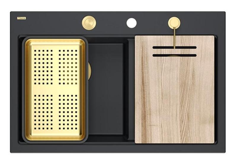 Квадратен Хард Рок двоен гранитен мивка в черно 76x50 см със златен щепсел и аксесоари 1208971395
