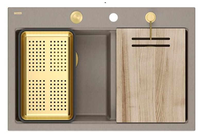 Квадратен хард рок двоен таупе гранитен монтажен мивка 76x50 см със златен щепсел и аксесоари 1208971396