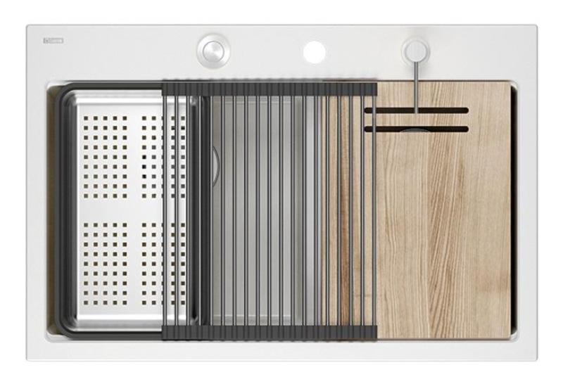 Куадри Хард Рок Двойно бяло гранитно надстройка мивка 76x50 см с RVS щепсел и аксесоари 1208971398