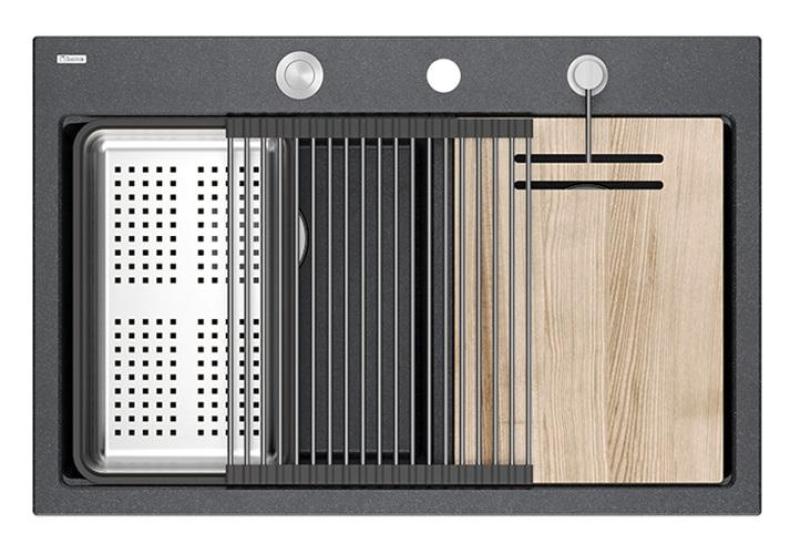 Квадри Хард Рок Двойно Антрацит Гранитно Възложен Мивка 76x50 см със стоманен щепсел и аксесоари 1208971399