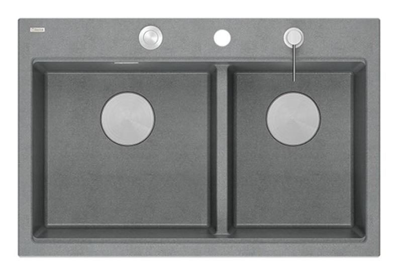 Квадратен Хард Рок двоен сив гранитен монтиран мивка 76x50 см с неръждаема стомана тапа и аксесоари 1208971400
