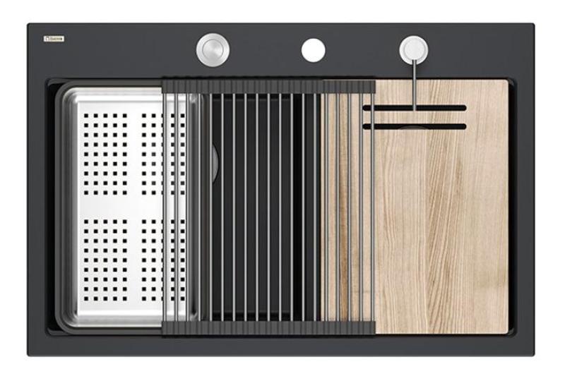 Квадратен Хард Рок двоен гранитен мивка в черно 76x50 см с неръждаема стоманена пробка и аксесоари 1208971401