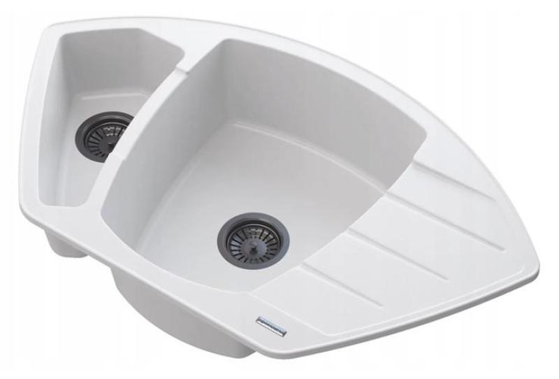 Гранителанд Монте Гранитна бяла ъглова мивка за вграждане 901x538mm със стоманен щепсел 1208971415