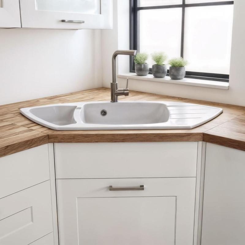 Гранителанд Монте Гранитна бяла ъглова мивка за вграждане 901x538mm със стоманен щепсел 1208971415