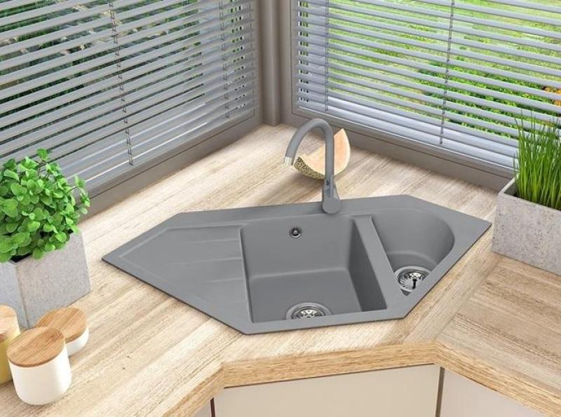 Graniteland Amiata Гранитен сив ъглов мивката за повърхностен монтаж 965x496мм с неръждаема стоманена запушалка 1208971419