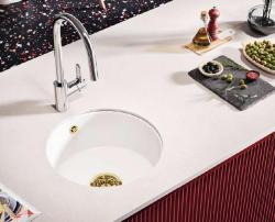 Ausmann Ceramic Ember Керамичен Бял Кръгъл Мивка За Монтаж Отгоре и Отдолу с Златен Тап 1208971461