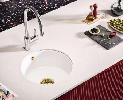 Ausmann Ceramic Ember Керамичен Бял Кръгъл Мивка За Монтаж Отгоре и Отдолу с Златен Тап 1208971461