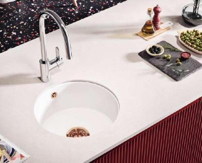 Ausmann Ceramic Ember Керамичен бял кръгъл мивка за повърхностен и подповърхностен монтаж с меден щепсел 1208971462