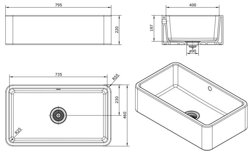 Ausmann Ceramic Mira Керамичен бял мивка - Подградна и междинна 795 x 460 мм с меден щепсел 1208971467
