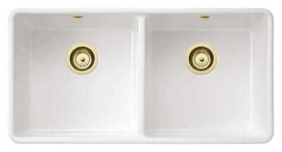 Ausmann Ceramic Mira Керамична бялa двойна мивка - Подготвяне и междинно построяване 890 x 456 mm със златни щепсели 1208971471