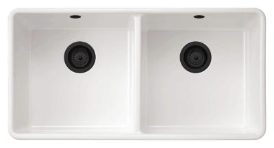 Ausmann Ceramic Mira Керамична бяла двойна мивка - За вграждане и междинно поставяне 890 x 456 мм с черни щепсели 1208971474