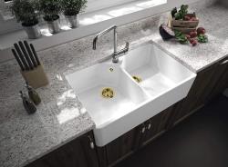 Ausmann Ceramic Mira Керамична бяла двойна мивка - Подградна и междинна 793 x 450 мм с отвор за кран и Златен щепсел 1208971476