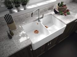 Ausmann Ceramic Mira Керамична бяла двойна мивка - Подградна и междинна 793 x 450 мм с отвор за смесител и меден щепсел 1208971477