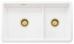 Ausmann Ceramic Ember Керамична бяла двойна мивка за монтаж отгоре и отдолу 733 x 401 мм със златни щепсели 1208971518