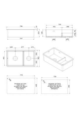 Ausmann Ceramic Ember Керамична бяла двойна мивка за монтаж отгоре и отдолу 733 x 401 мм със златни щепсели 1208971518