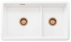 Ausmann Ceramic Ember Керамична бяла един и половина мивка за монтаж отгоре и отдолу 733 x 401 мм с медни щепсели 1208971519