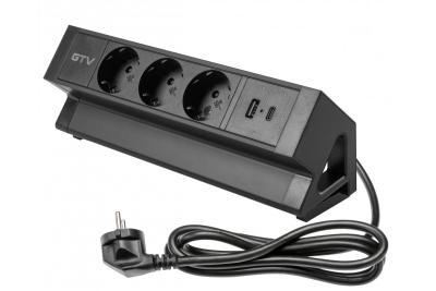 Мебелен контакт BASCO, 3xSHUKO, USB A+C, кабел 1.5 м, черен