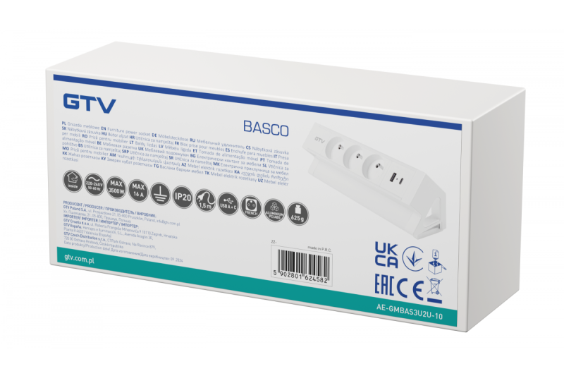 Контакт за мебели Basco, 3 x контакт с заземяване, USB A+C, 1.5 м кабел, бял с монтаж
