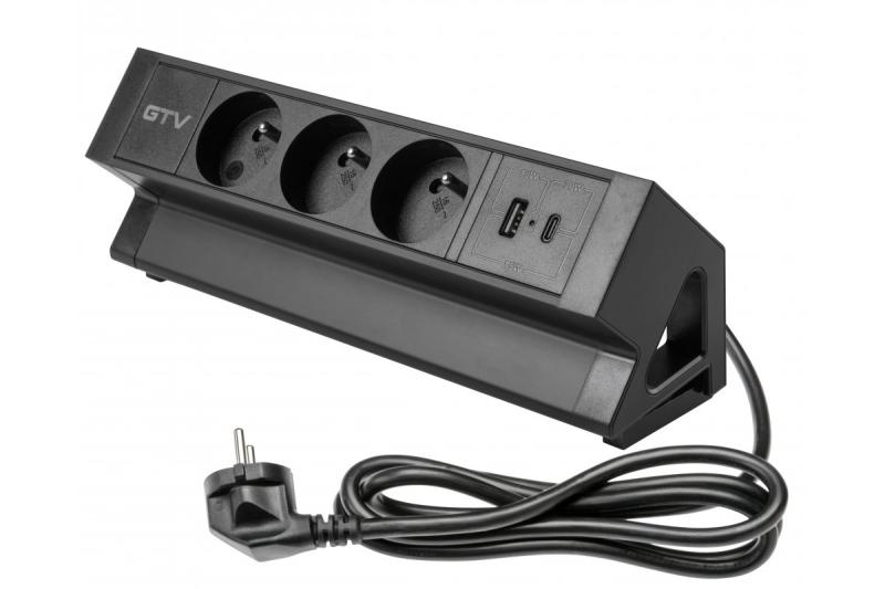 Баско мебелен контакт, 3 x контакт със заземяване, USB A+C, 1.5m кабел, черен с монтаж