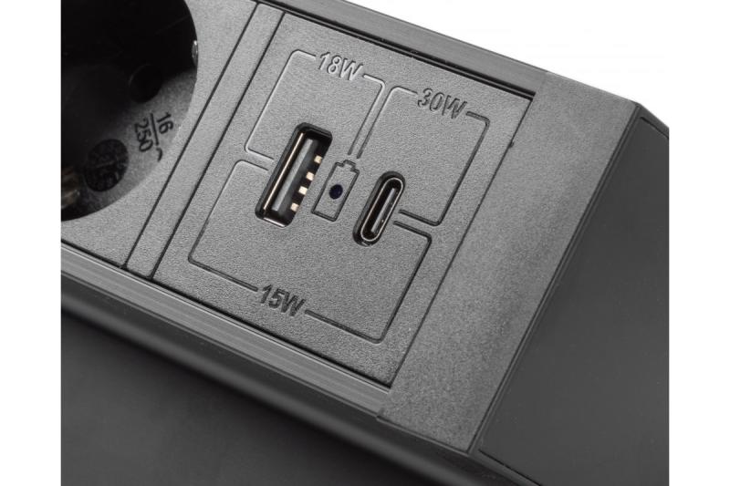 Баско мебелен контакт, 3 x контакт със заземяване, USB A+C, 1.5m кабел, черен с монтаж