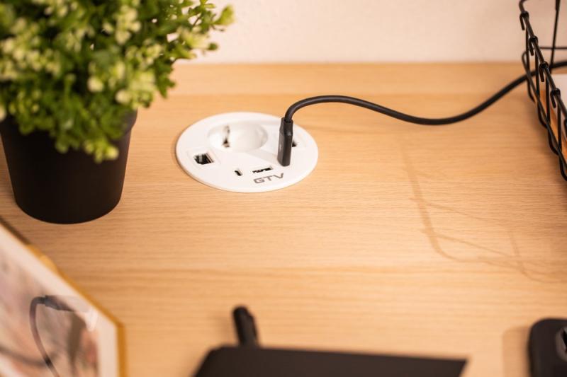 Контакт за мебели RONDO, 1xSHUKO, 1xUSB-A, 2xUSB-C, HDMI, RJ45 кабел 1.5 м, бял