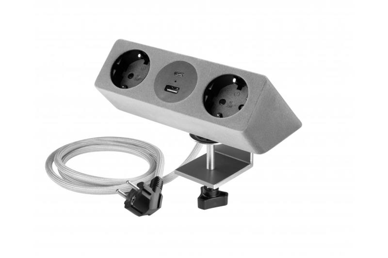 Мебелен контакт SOFITO, 2xШУКО, USB A+C, кабел 1.5 м, сив флок