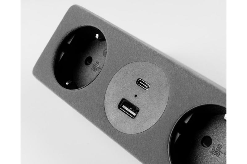 Мебелен контакт SOFITO, 2xШУКО, USB A+C, кабел 1.5 м, сив флок