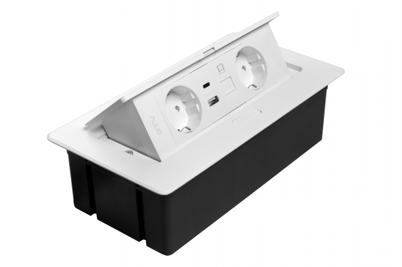 Електрически контакт за мебели MULTISOFT, 2xSHUKO, USB A+C, RJ45, кабел 1.5 м, бял